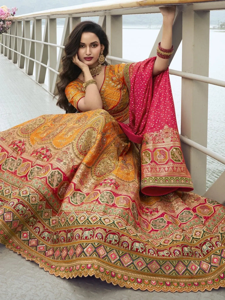 Stunning Orange Embroidered Silk Wedding Lehenga Choli With Dupatta - Ethnic Plus In