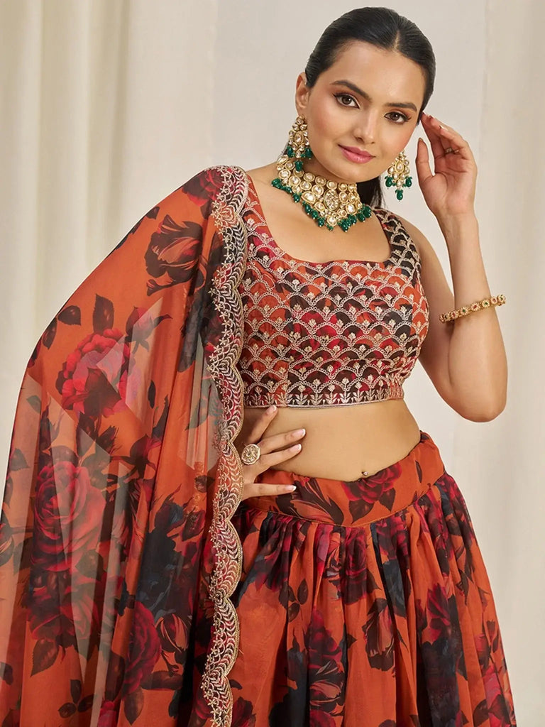 Stunning Orange Sequins Organza Party Wear Lehenga Choli With Dupatta - Ethnic Plus In