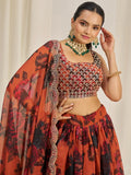 Stunning Orange Sequins Organza Party Wear Lehenga Choli With Dupatta - Ethnic Plus In