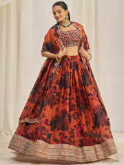 Stunning Orange Sequins Organza Party Wear Lehenga Choli With Dupatta - Ethnic Plus In