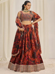 Stunning Orange Sequins Organza Party Wear Lehenga Choli With Dupatta - Ethnic Plus In