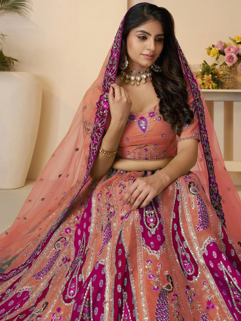 Stunning Orange Thread Embroidered Banarasi Silk Wedding Lehenga Choli - Ethnic Plus In