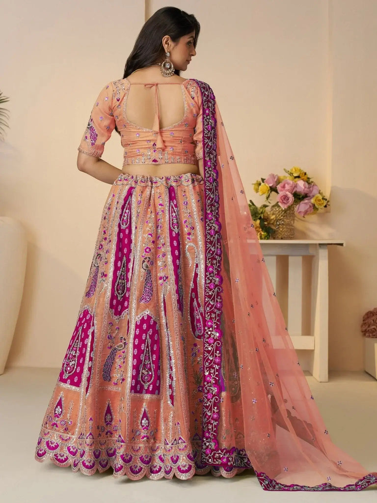 Stunning Orange Thread Embroidered Banarasi Silk Wedding Lehenga Choli - Ethnic Plus In