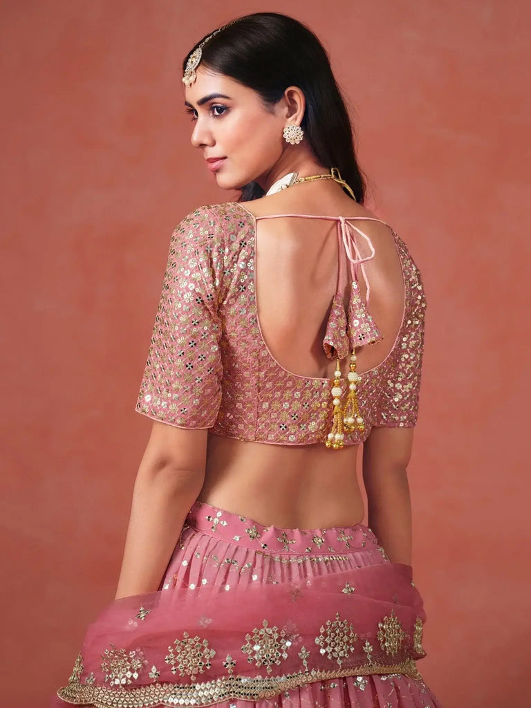 Stunning Peach Georgette Sequins Lehenga Choli - Ethnic Plus In