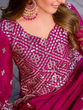 Stunning Pink Chinon Thread Embroidered Wedding Wear Palazzo Suit - Ethnic Plus In