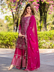 Stunning Pink Chinon Thread Embroidered Wedding Wear Palazzo Suit - Ethnic Plus In