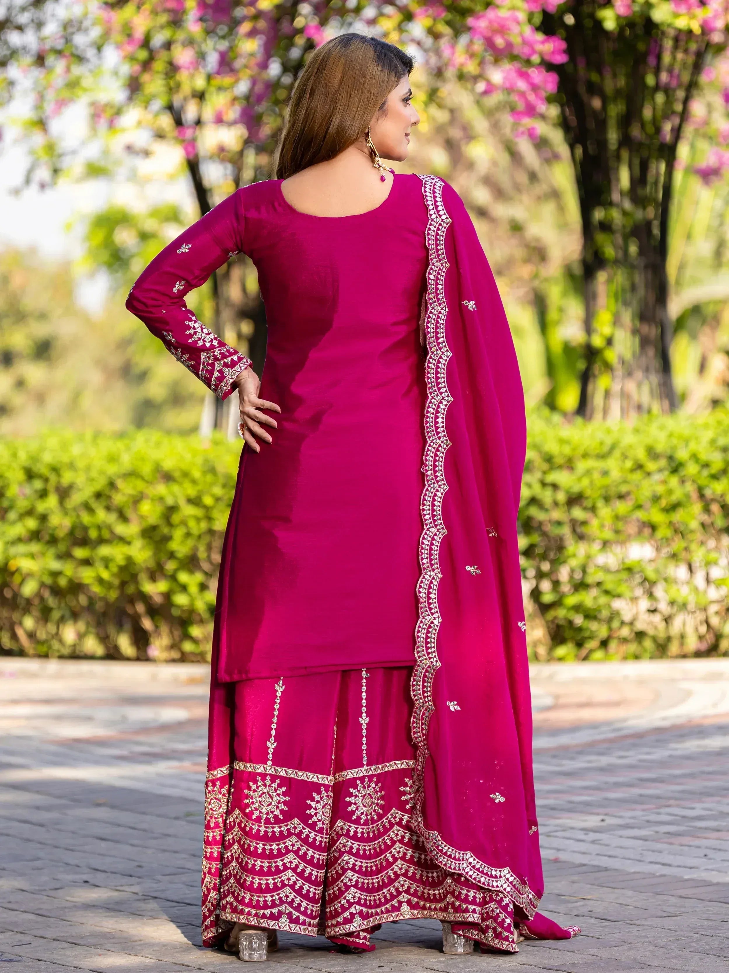 Magenta embroidered salwar kameez with dupatta, Indian ethnic wear for women
