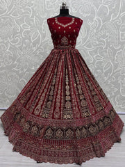 Stunning Pink Dori Work Velvet Bridal Lehenga Choli With Two Dupatta - Ethnic Plus In