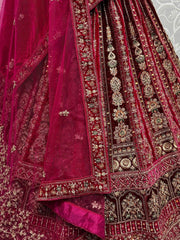 Stunning Pink Dori Work Velvet Bridal Lehenga Choli With Two Dupatta - Ethnic Plus In