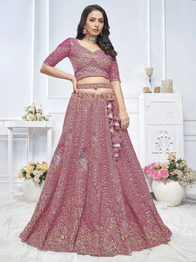 Stunning Pink Embroidered Net Engagement Wear Lehenga Choli - Ethnic Plus In
