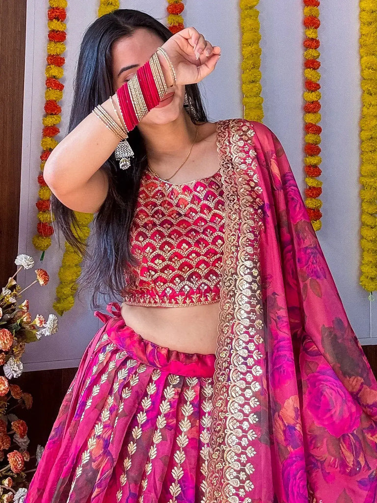 Stunning Pink Floral Printed Organza Bridesmaid Lehenga Choli - Ethnic Plus In