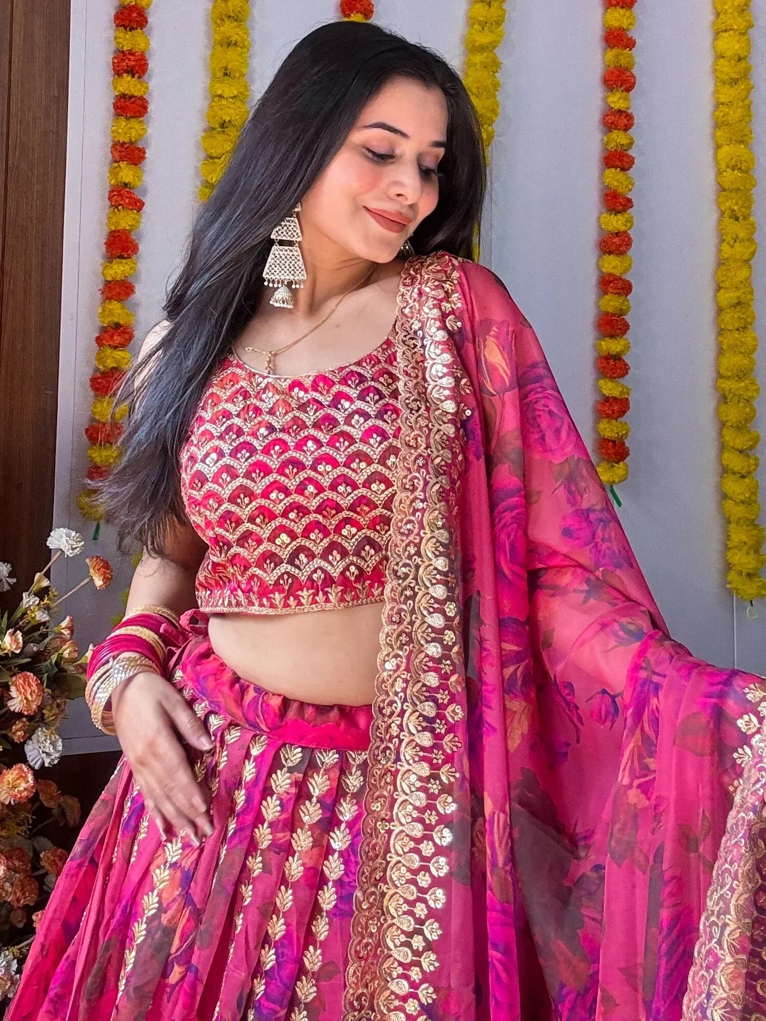 Stunning Pink Floral Printed Organza Bridesmaid Lehenga Choli - Ethnic Plus In