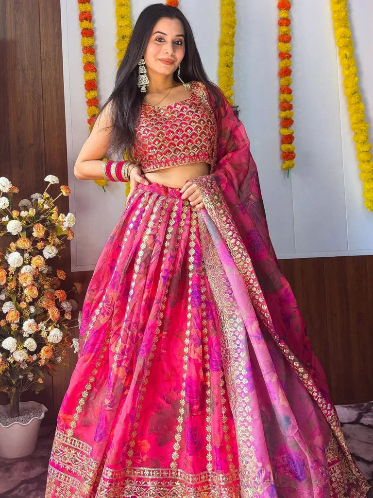 Stunning Pink Floral Printed Organza Bridesmaid Lehenga Choli - Ethnic Plus In