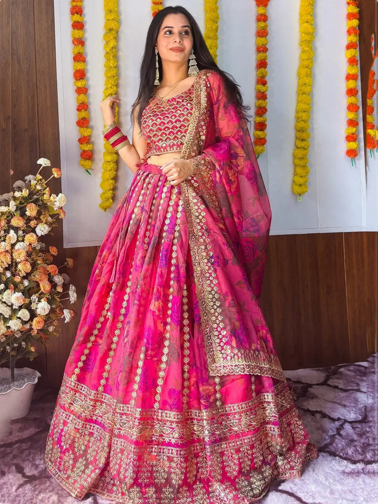 Stunning Pink Floral Printed Organza Bridesmaid Lehenga Choli - Ethnic Plus In