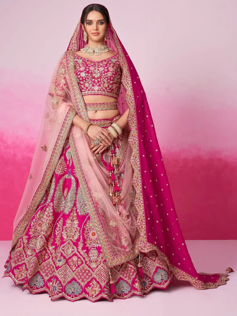 Stunning Pink Heavy Silk Bridal Lehenga Choli With Double Dupatta - Ethnic Plus In