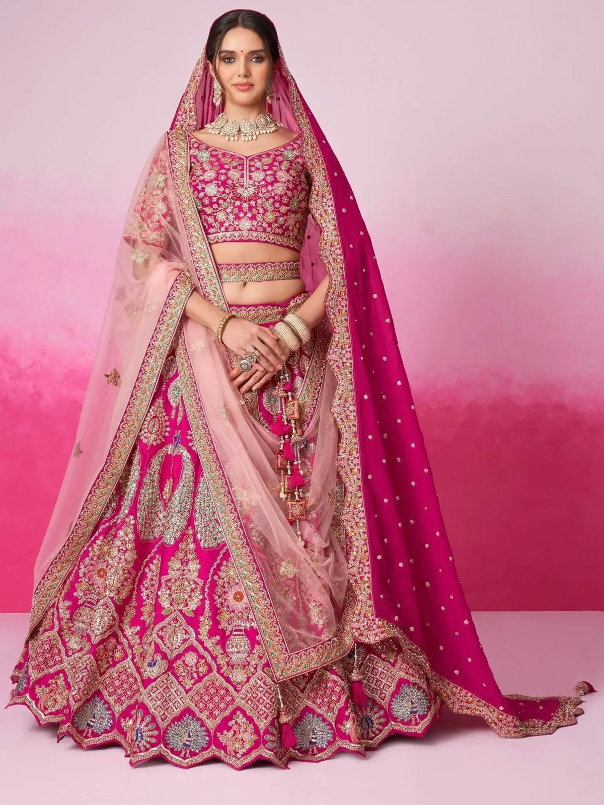 Stunning Pink Heavy Silk Bridal Lehenga Choli With Double Dupatta - Ethnic Plus In