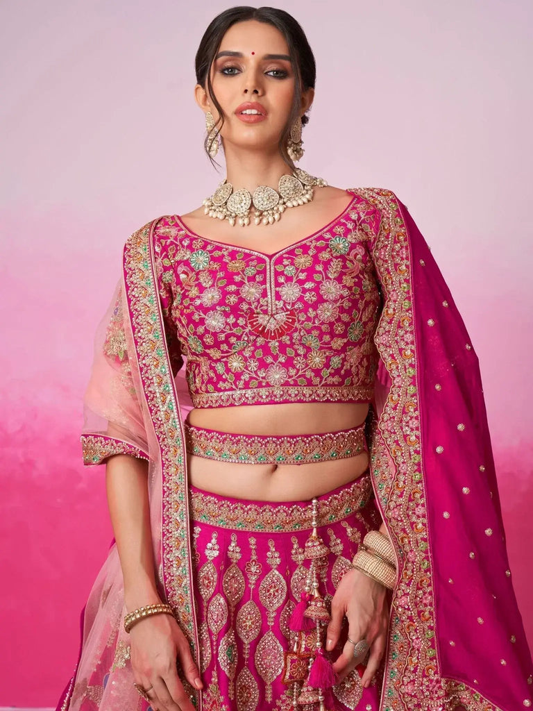 Stunning Pink Heavy Silk Bridal Lehenga Choli With Double Dupatta - Ethnic Plus In