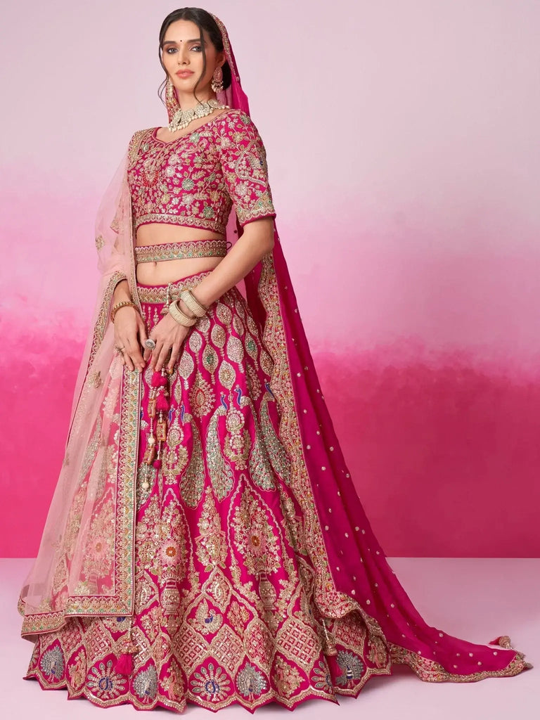 Stunning Pink Heavy Silk Bridal Lehenga Choli With Double Dupatta - Ethnic Plus In