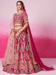 Stunning Pink Heavy Silk Bridal Lehenga Choli With Double Dupatta - Ethnic Plus In