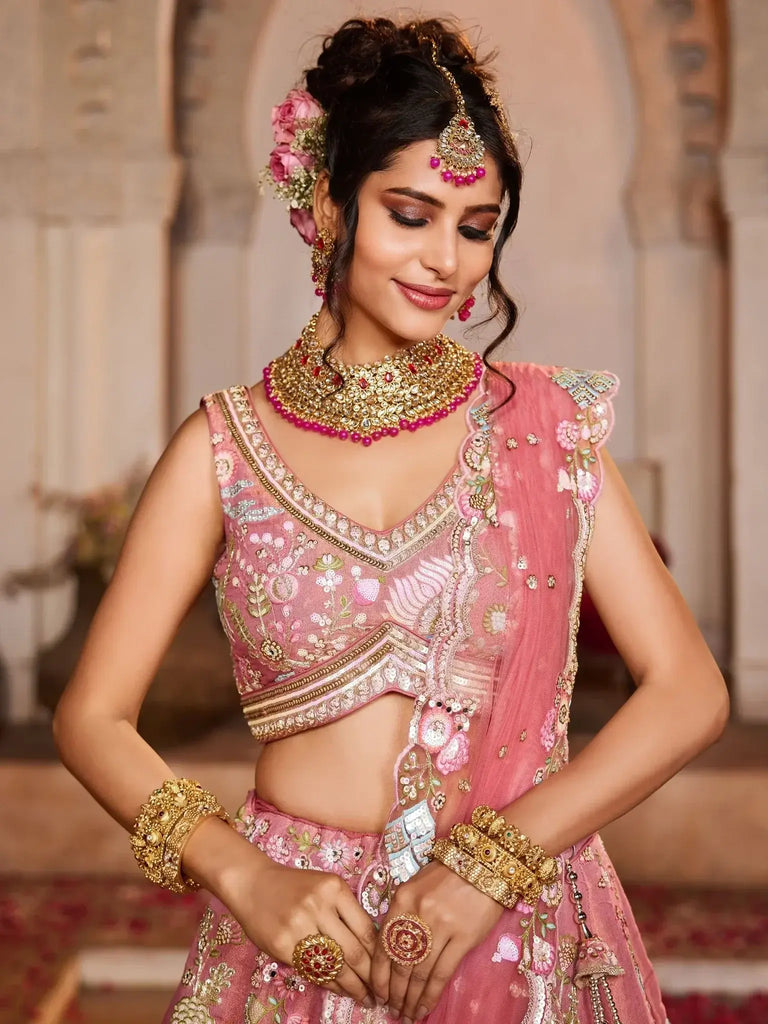 Stunning Pink Sequins Net Bridal Pastel Lehenga Choli With Dupatta - Ethnic Plus In