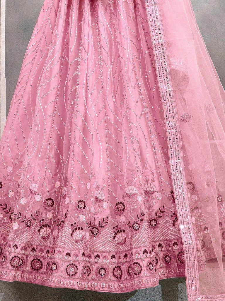 Stunning Pink Thread Embroidered Net Bridesmaid Lehenga Choli - Ethnic Plus In