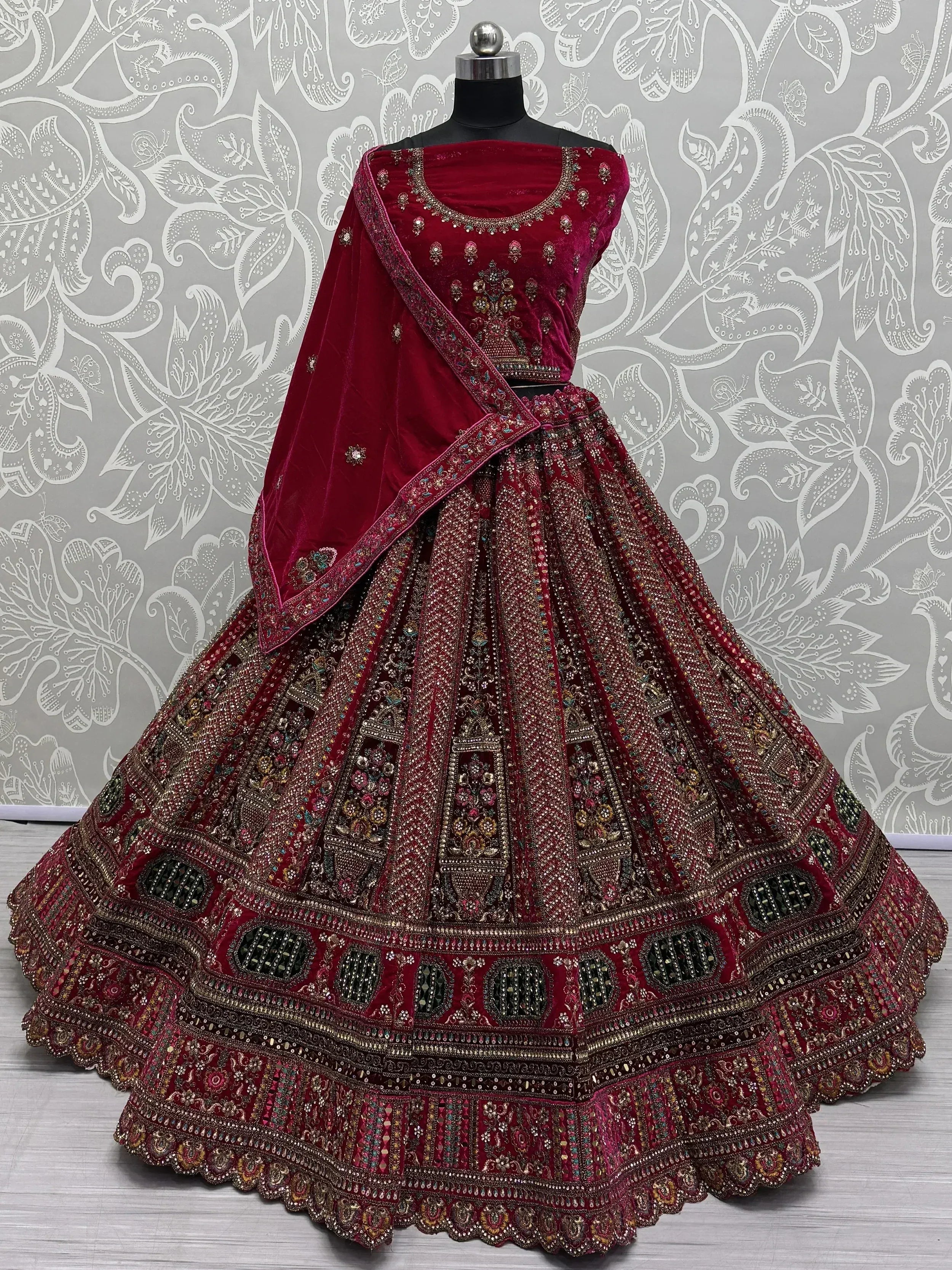 Maroon velvet designer lehenga choli with heavy embroidery and dupatta, Indian ethnic wear