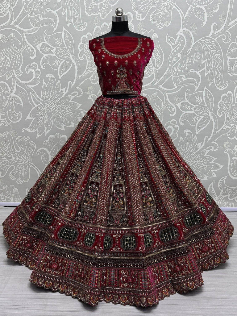 Stunning Pink Velvet Hand Mirror Work Bridal Lehenga Choli With Dupatta - Ethnic Plus In