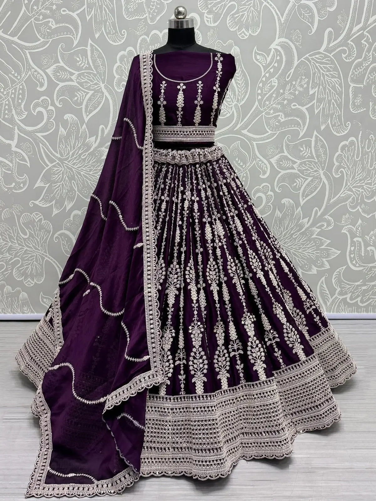 Stunning Purple Embroidered Satin Reception Wear Lehenga Choli - Ethnic Plus In