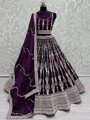 Stunning Purple Embroidered Satin Reception Wear Lehenga Choli - Ethnic Plus In