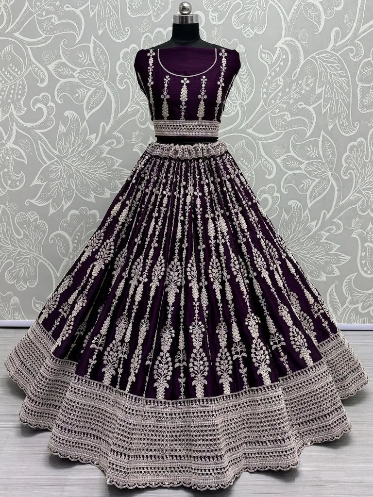 Stunning Purple Embroidered Satin Reception Wear Lehenga Choli - Ethnic Plus In