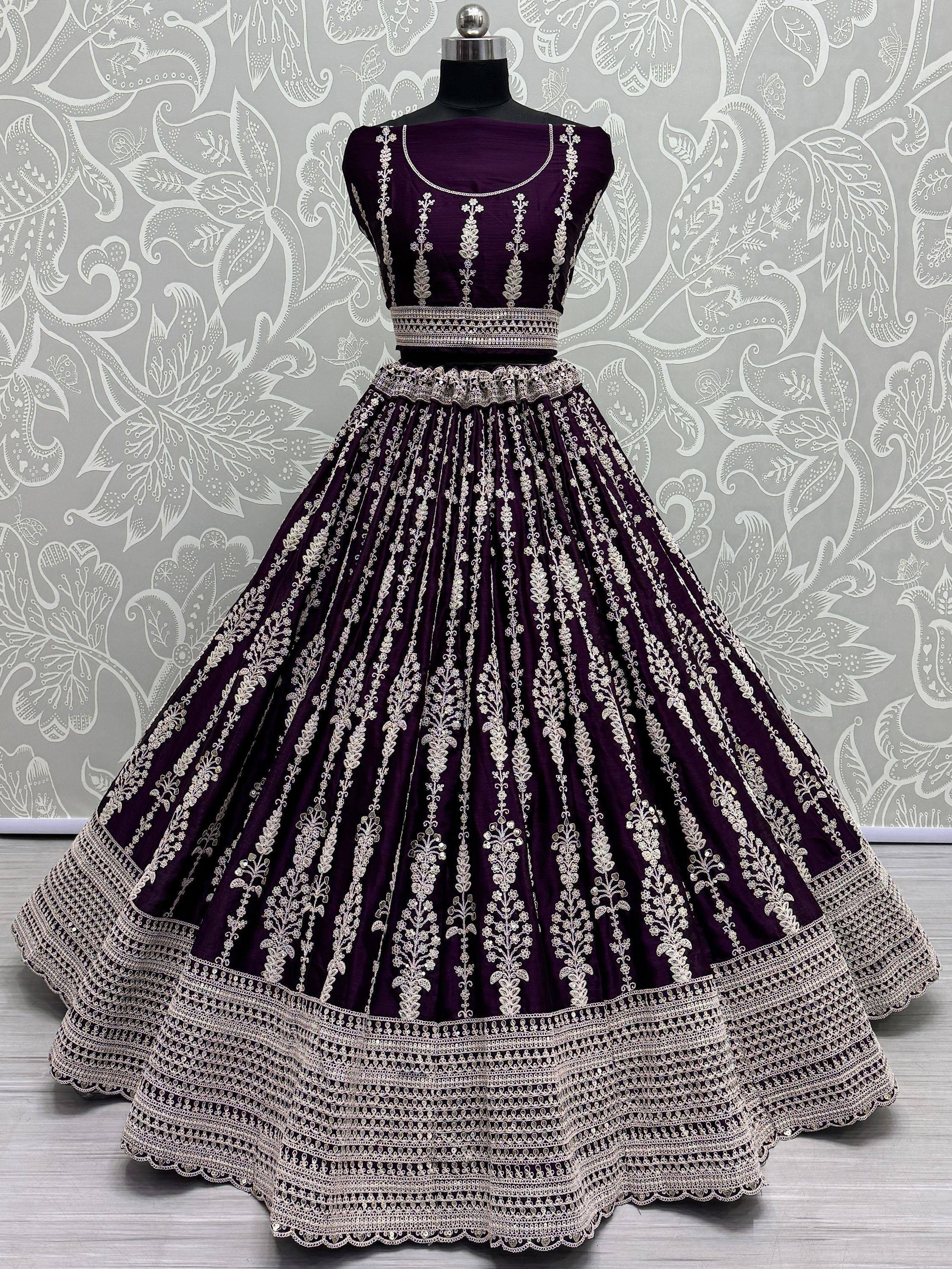Purple designer lehenga choli with silver embroidery, ethnic Indian wear for weddings and festivals