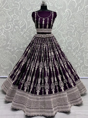 Stunning Purple Embroidered Satin Reception Wear Lehenga Choli - Ethnic Plus In