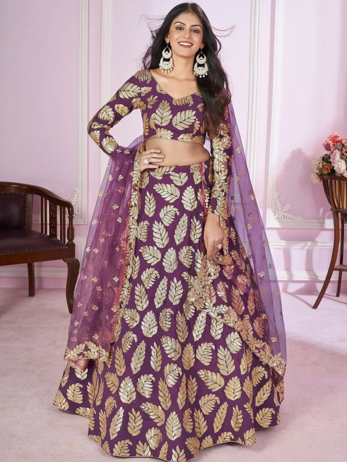 Stunning Purple Sequins Georgette Engagement Wear Lehenga Choli - Ethnic Plus In