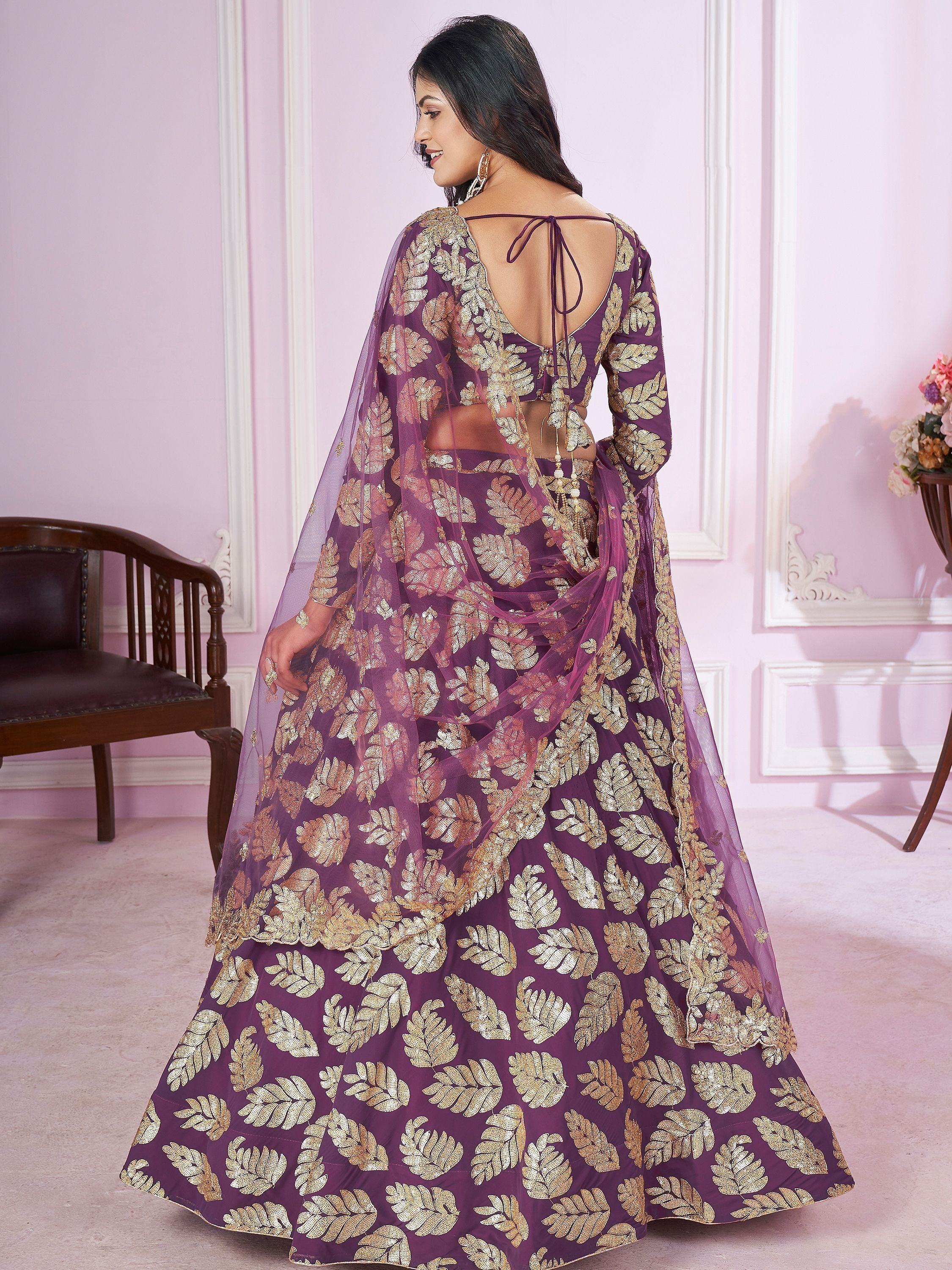 Purple lehenga choli with gold leaf embroidery, back view, ethnic Indian wear