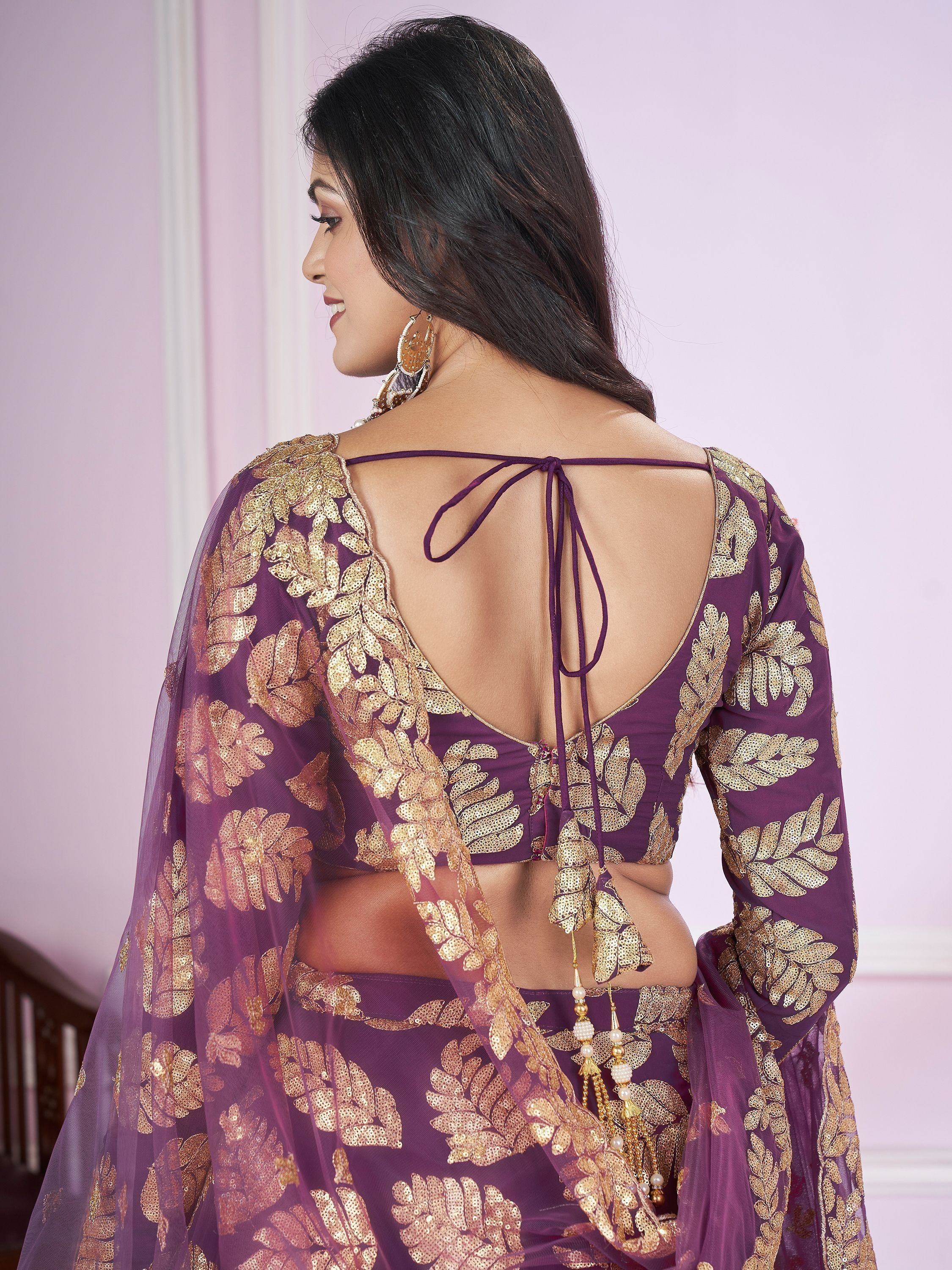Purple ethnic lehenga choli with gold leaf embroidery and back tie detail
