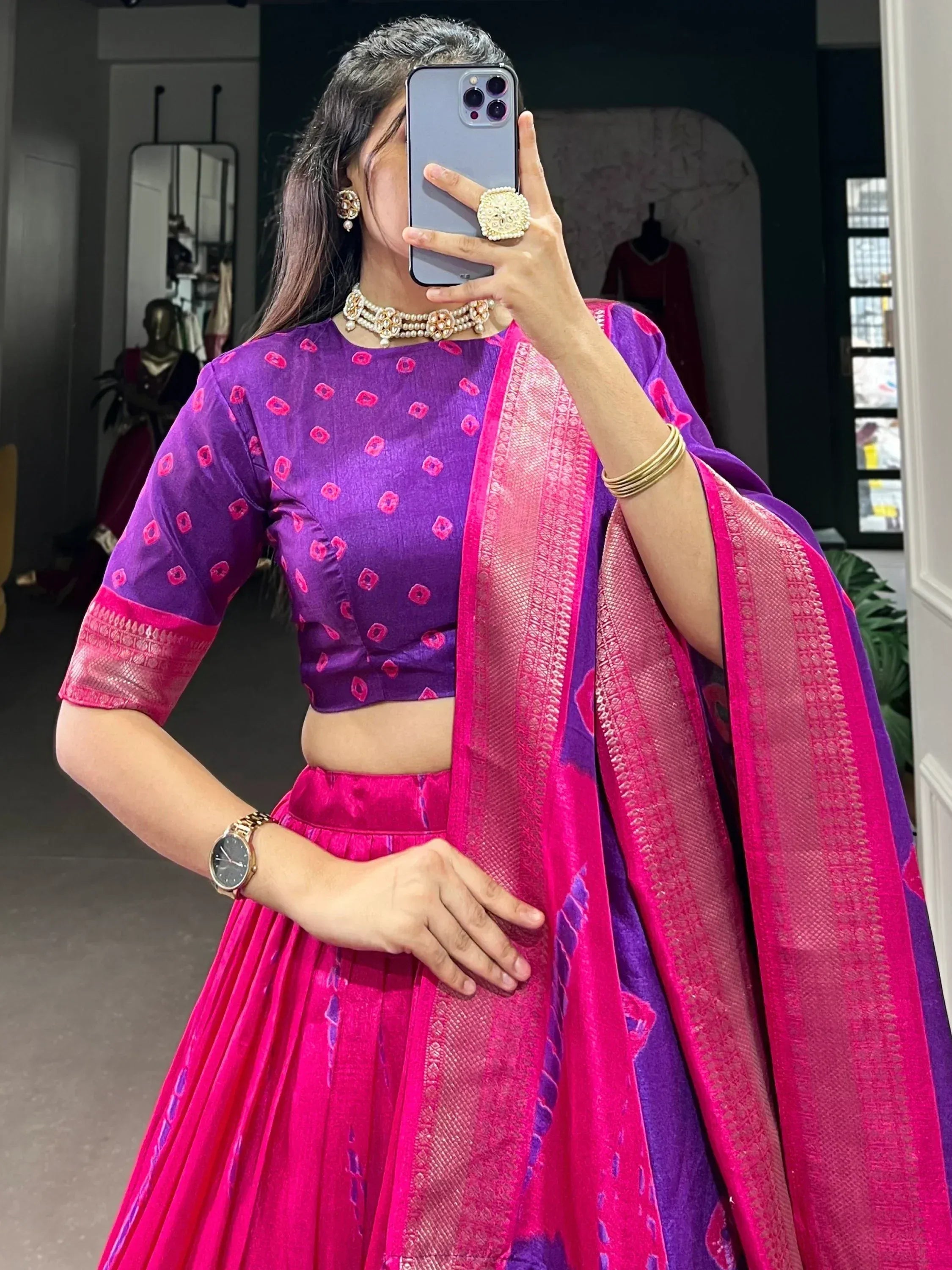 Purple and pink designer lehenga choli with embroidered blouse and dupatta, perfect for Indian ethnic wear