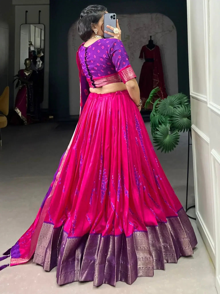 Stunning Purple Shibori Printed Dola Silk Event Wear Lehenga Choli - Ethnic Plus In