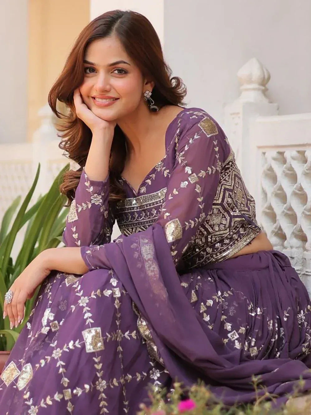 Purple embroidered lehenga choli with gold detailing, perfect for Indian ethnic wear occasions