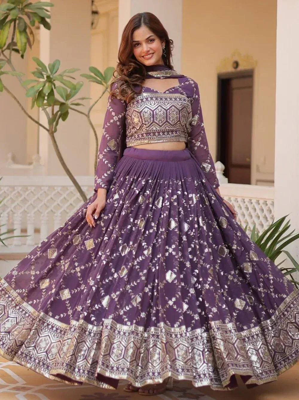 Purple designer lehenga choli with silver embroidery, perfect for Indian ethnic wear occasions