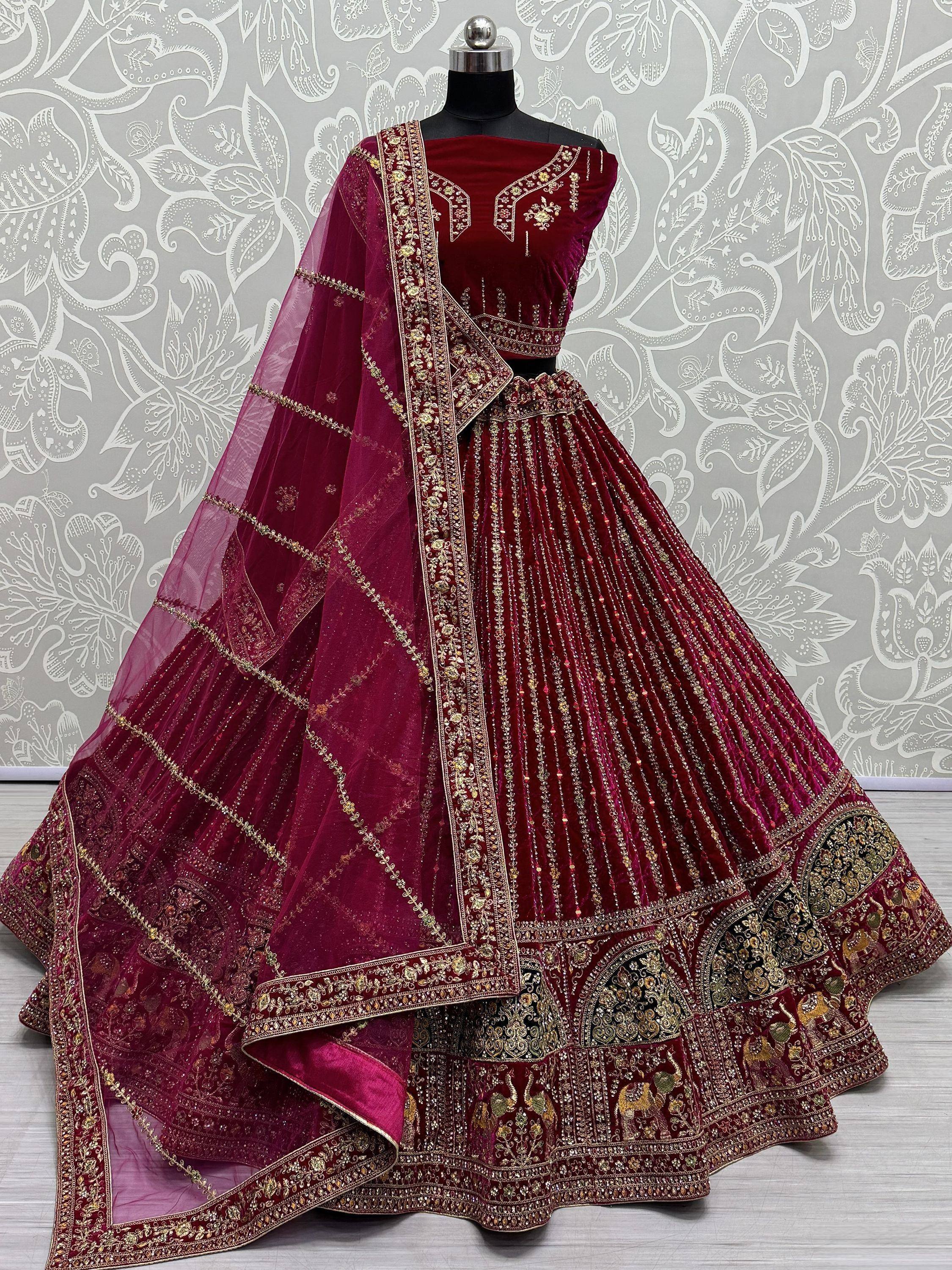 Burgundy velvet lehenga choli with gold embroidery and sheer dupatta, Indian ethnic wear