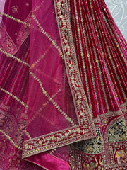 Stunning Rani Pink Dori Work Velvet Bridal Lehenga Choli With Dupatta - Ethnic Plus In