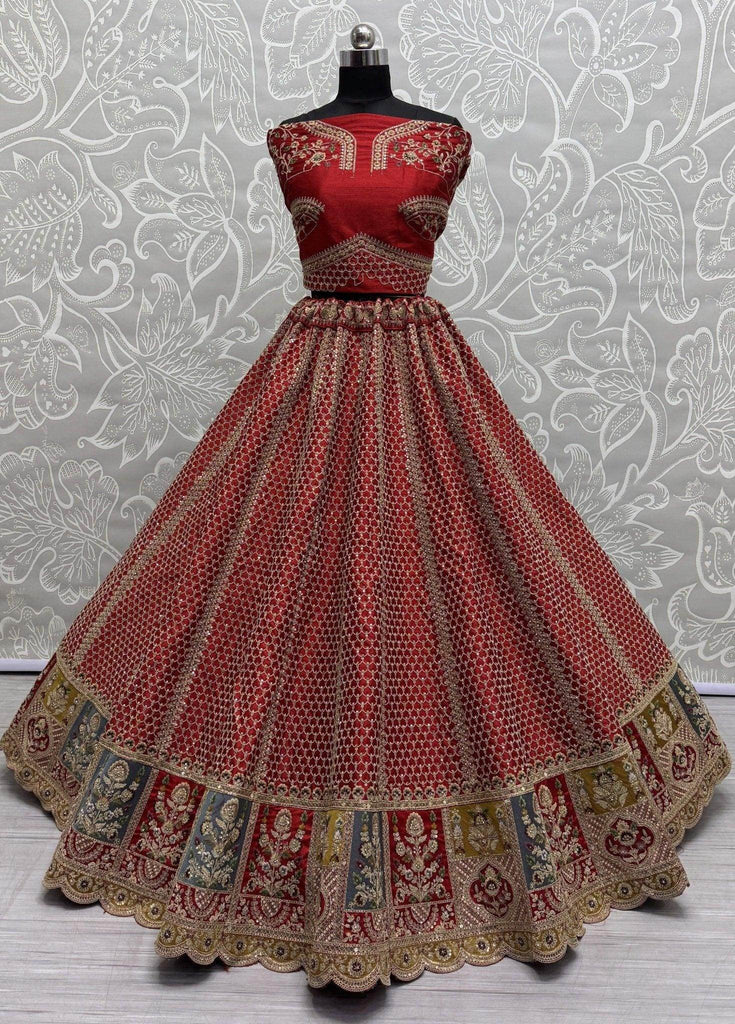 Stunning Red Multi - Thread Work Silk Bridal Wear Lehenga Choli - Ethnic Plus In