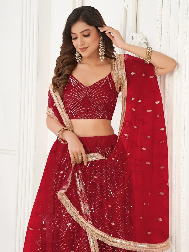 Stunning Red Sequins Net Wedding Lehenga Choli With Dupatta - Ethnic Plus In