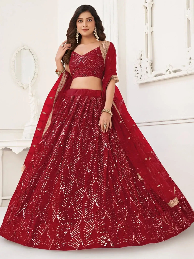 Stunning Red Sequins Net Wedding Lehenga Choli With Dupatta - Ethnic Plus In
