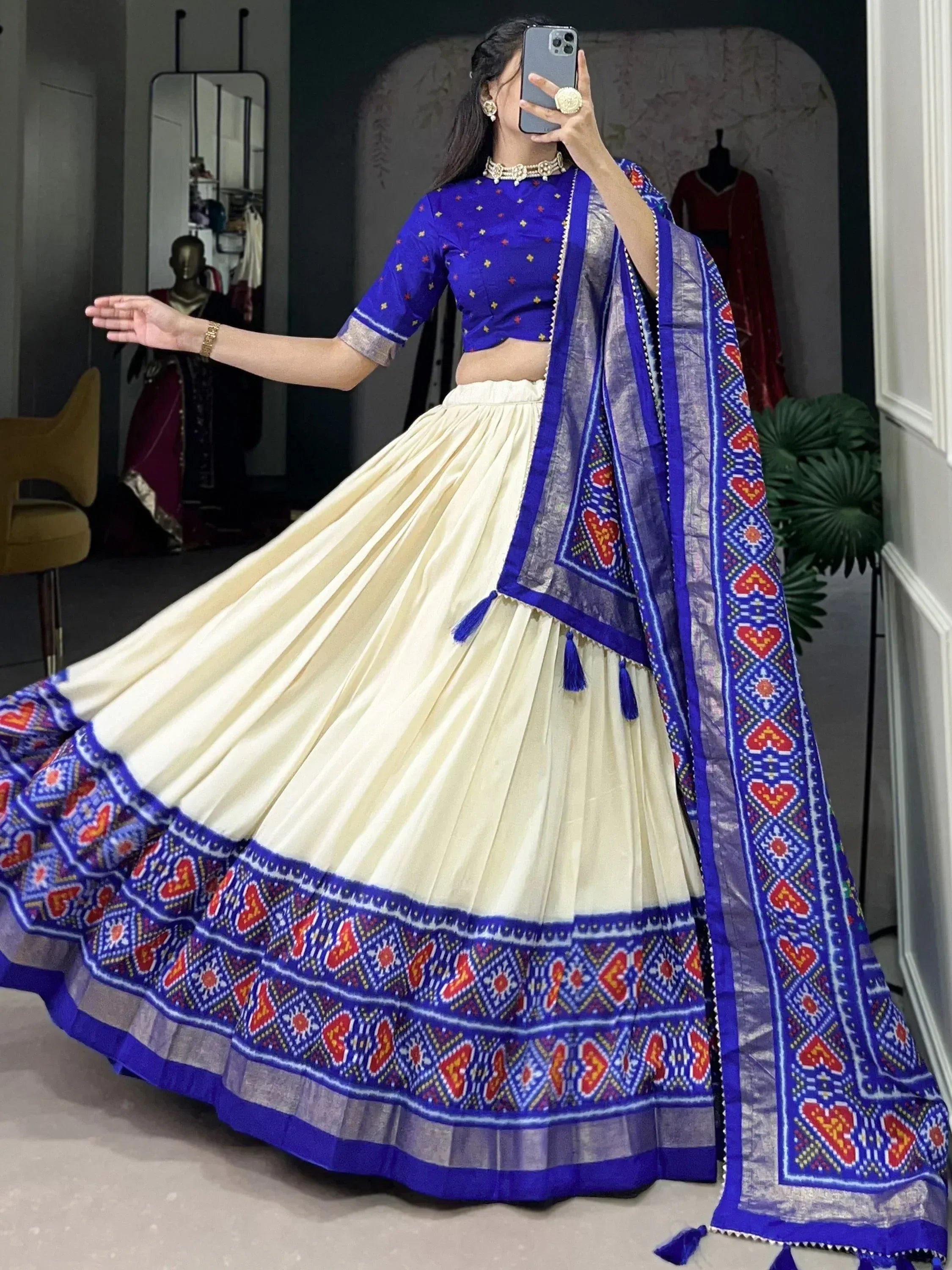 Blue and cream ethnic lehenga choli with heart print dupatta, perfect for Indian weddings and festivals