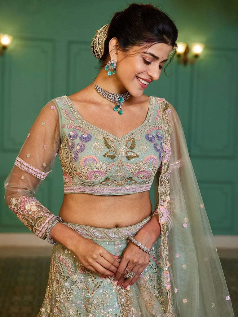 Stunning Sea Green Sequins Net Designer Lehenga Choli With Dupatta - Ethnic Plus In