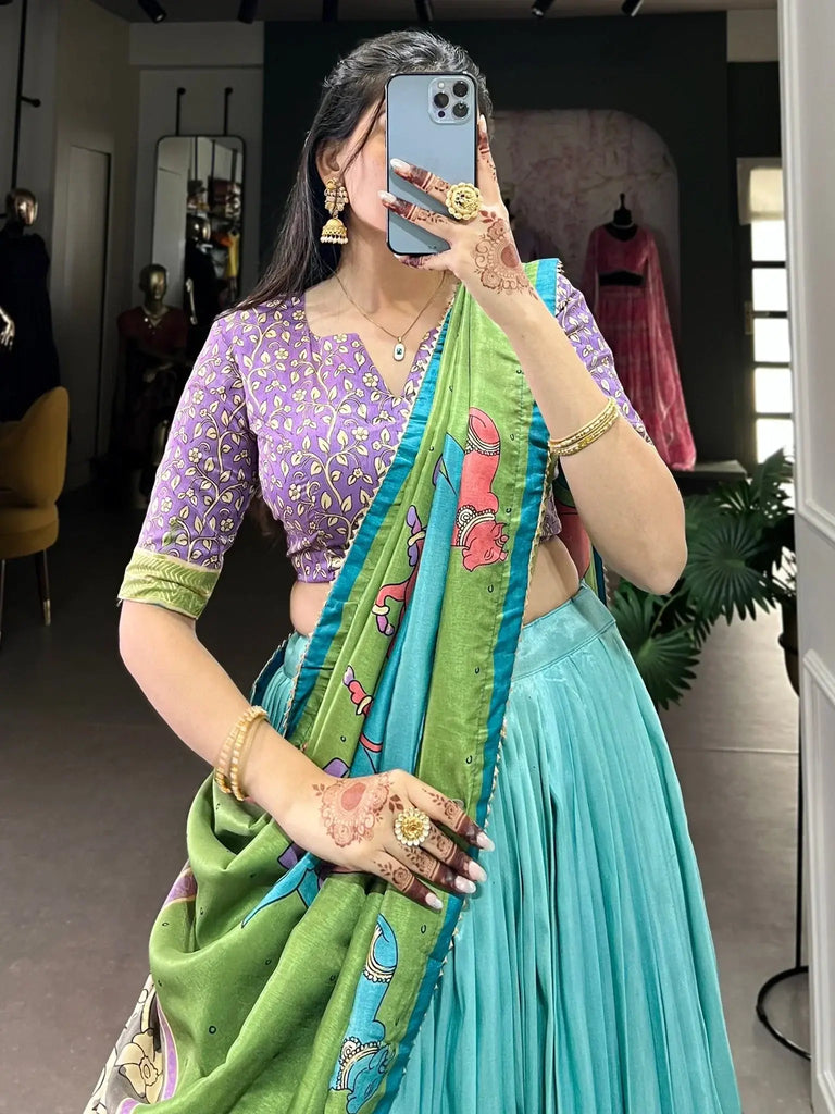 Stunning Sky - Blue Kalamkari Printed Silk Festival Wear Lehenga Choli - Ethnic Plus In