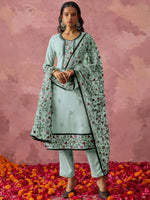 Stunning Sky Blue Thread Embroidered Georgette Straight Suit