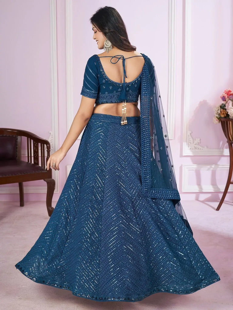Stunning Teal Blue Sequins Georgette Wedding Wear Lehenga Choli - Ethnic Plus In