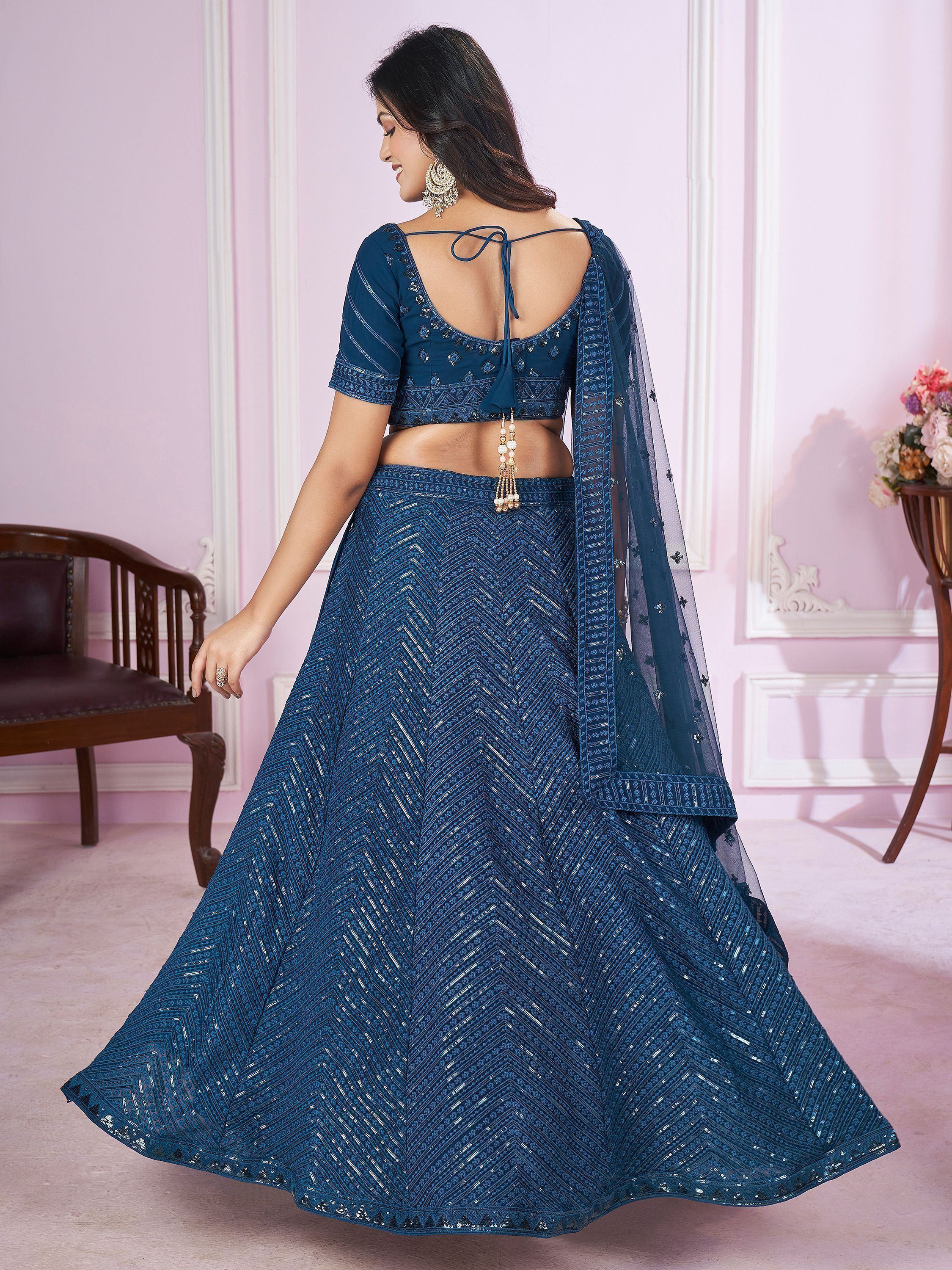 Blue embroidered lehenga choli with back tie blouse and sheer dupatta, Indian ethnic wear